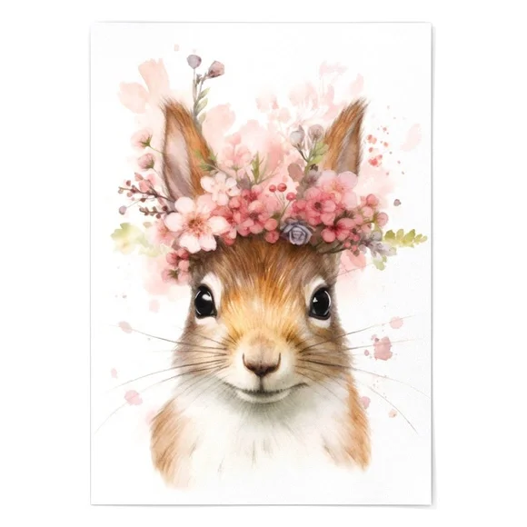 Watercolor Floral Squirrel Portrait Wall Art Illustration Print Poster Unframed - Picture 2 of 6